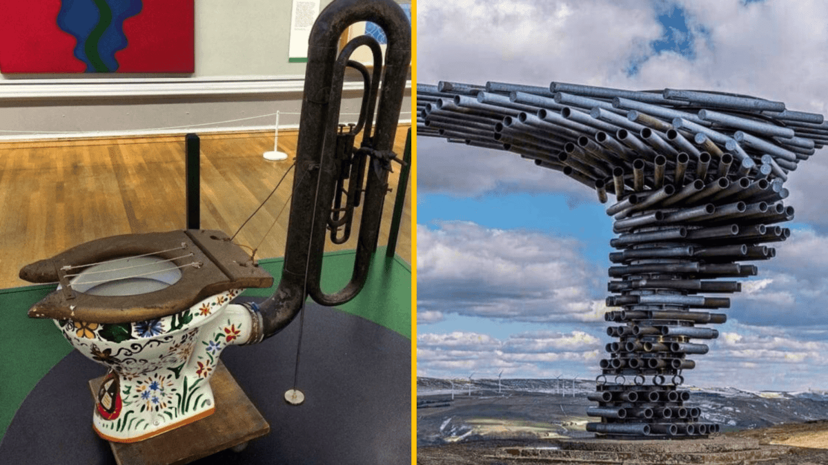 Ľavý obraz: dekoračné WC s muzikálnymi prvkami. Pravý obraz: socha z prekrývajúcich sa kovových rúr.