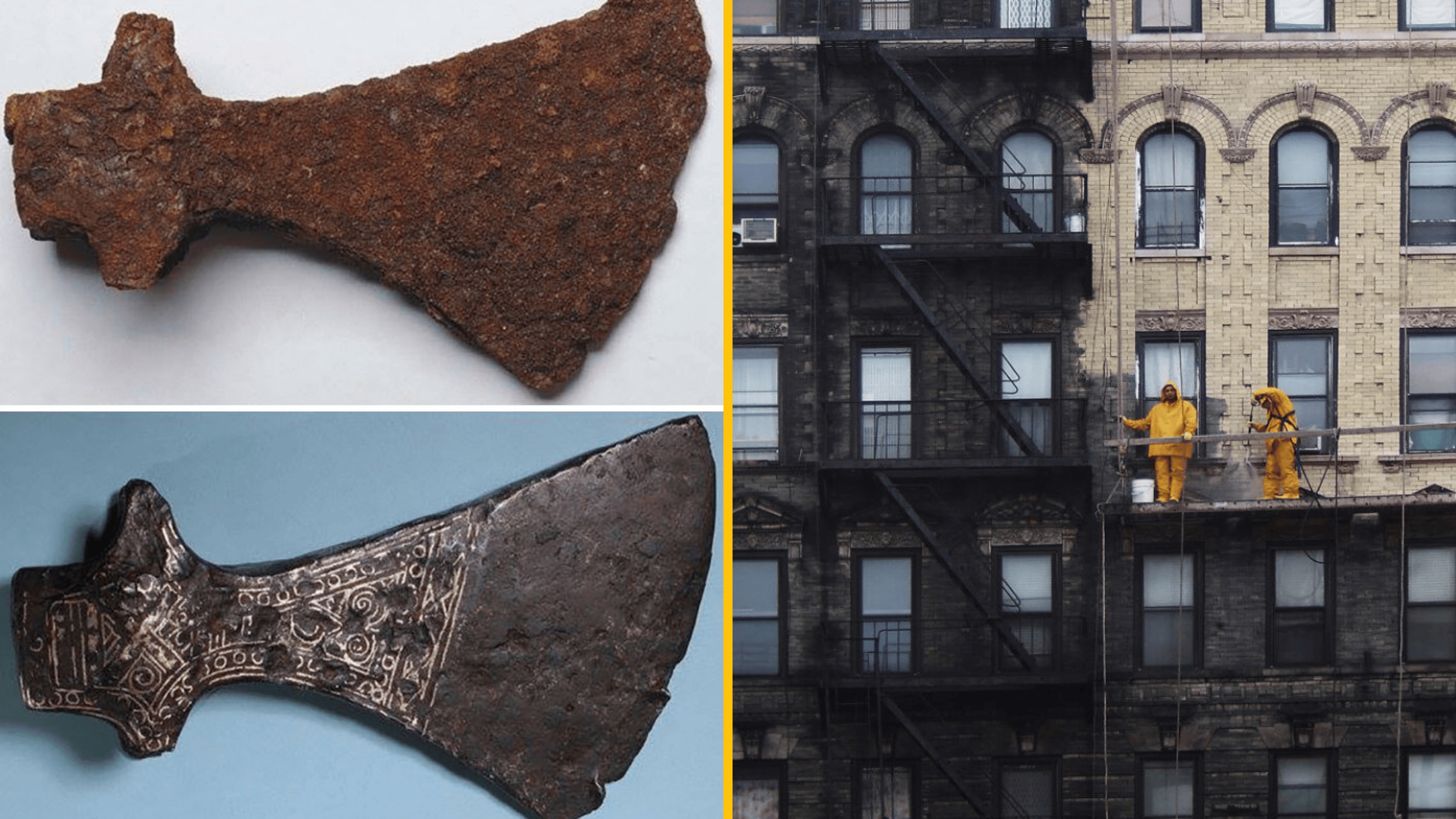 Starý hrdzavý sekáč, zdobený nástroj a pracovníci umývajúci fasádu budovy v žltých oblekoch.