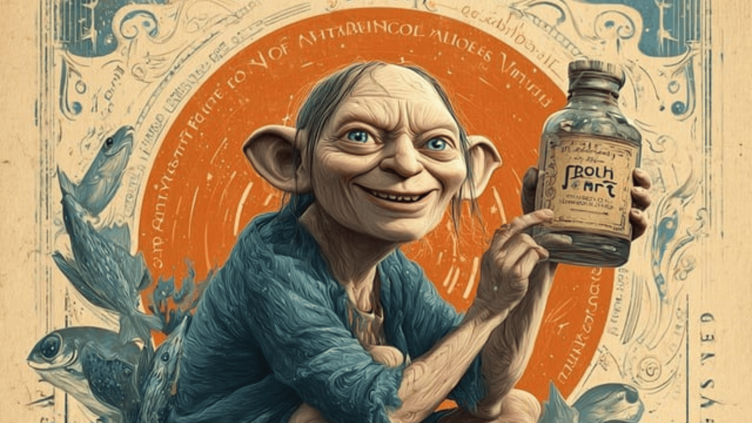 Kreslená postava s veľkými ušami drží fľašu, okolo plávajú ryby, modro-oranžové pozadie.