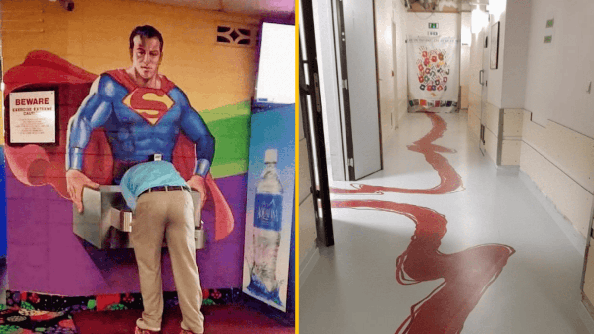 Ľudia a ilúzie: Muž sa napije z fontány, ktorú drží Superman; v nemocnici krvavá stopa na podlahe.