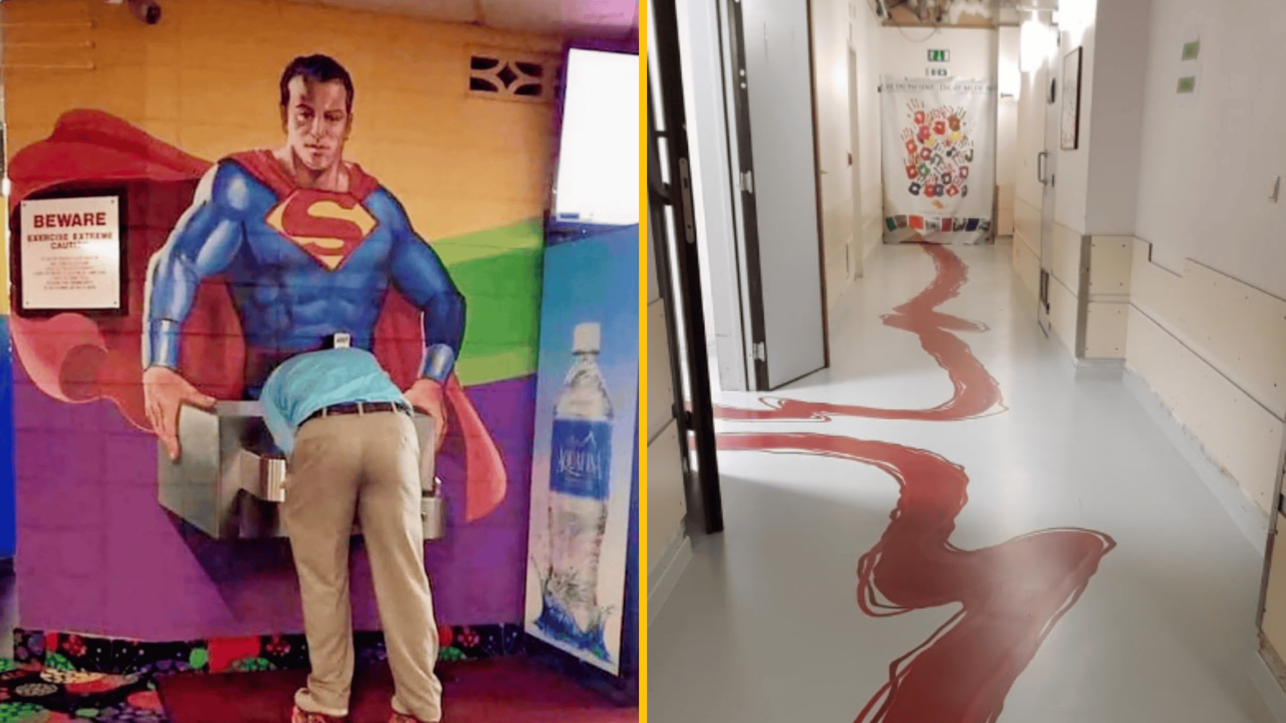 Ľudia a ilúzie: Muž sa napije z fontány, ktorú drží Superman; v nemocnici krvavá stopa na podlahe.