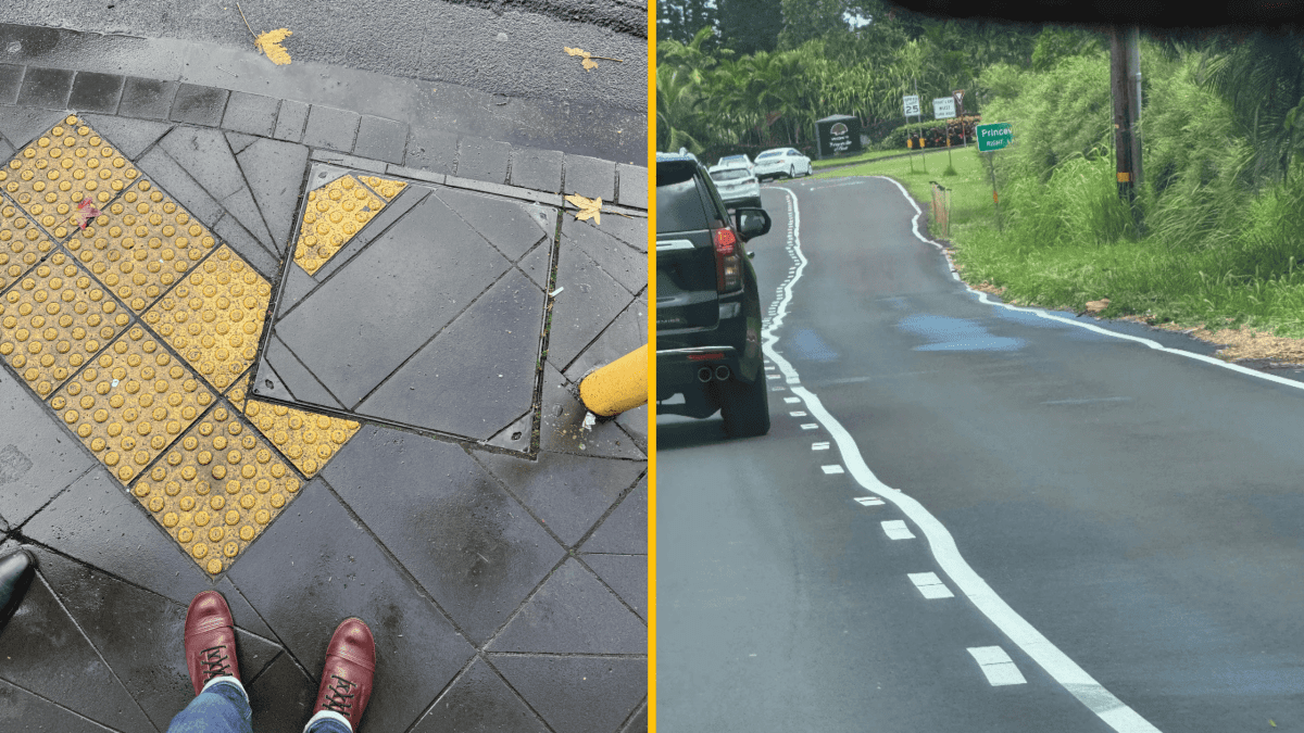 Nerovná dlažba a krivé vodorovné značenie; ukážka neštandardných povrchov na chodníku a ceste.