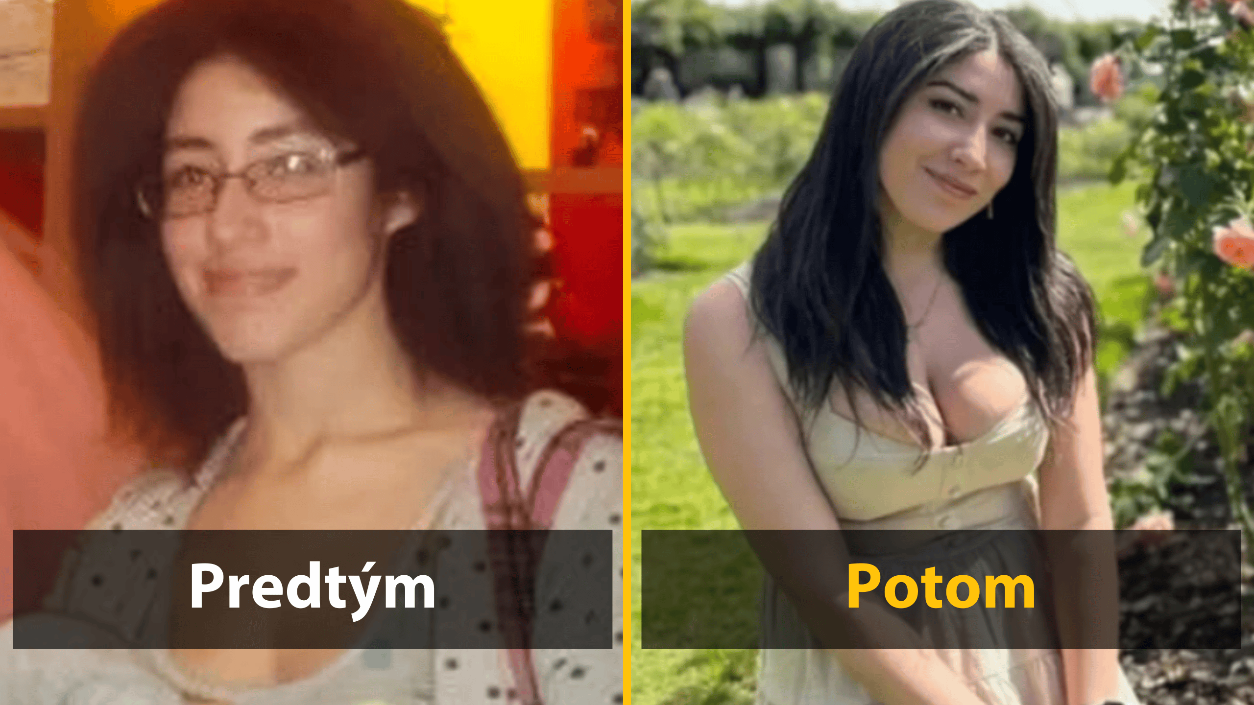 Pred a po premene ženy: Zmeny vo výzore s jasným rozdielom v štýle a prostredí.