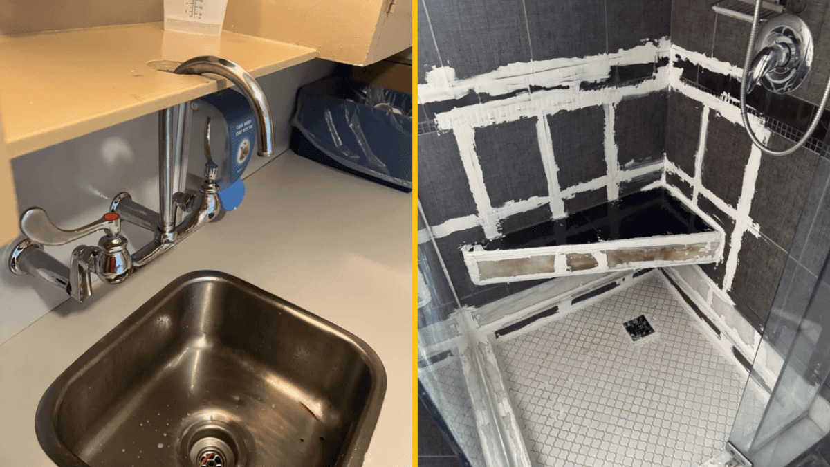 Umyvadlo a sprchový kút s neobvyklým dizajnom a nekvalitným prevedením, ukážka zlého remesla.