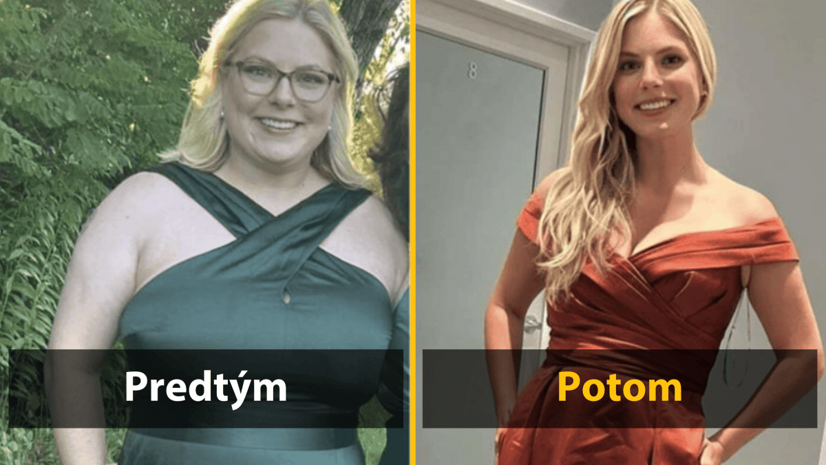 Pred a po: premena ženy v šatách, spokojný úsmev, naľavo zelené šaty, napravo oranžové šaty.