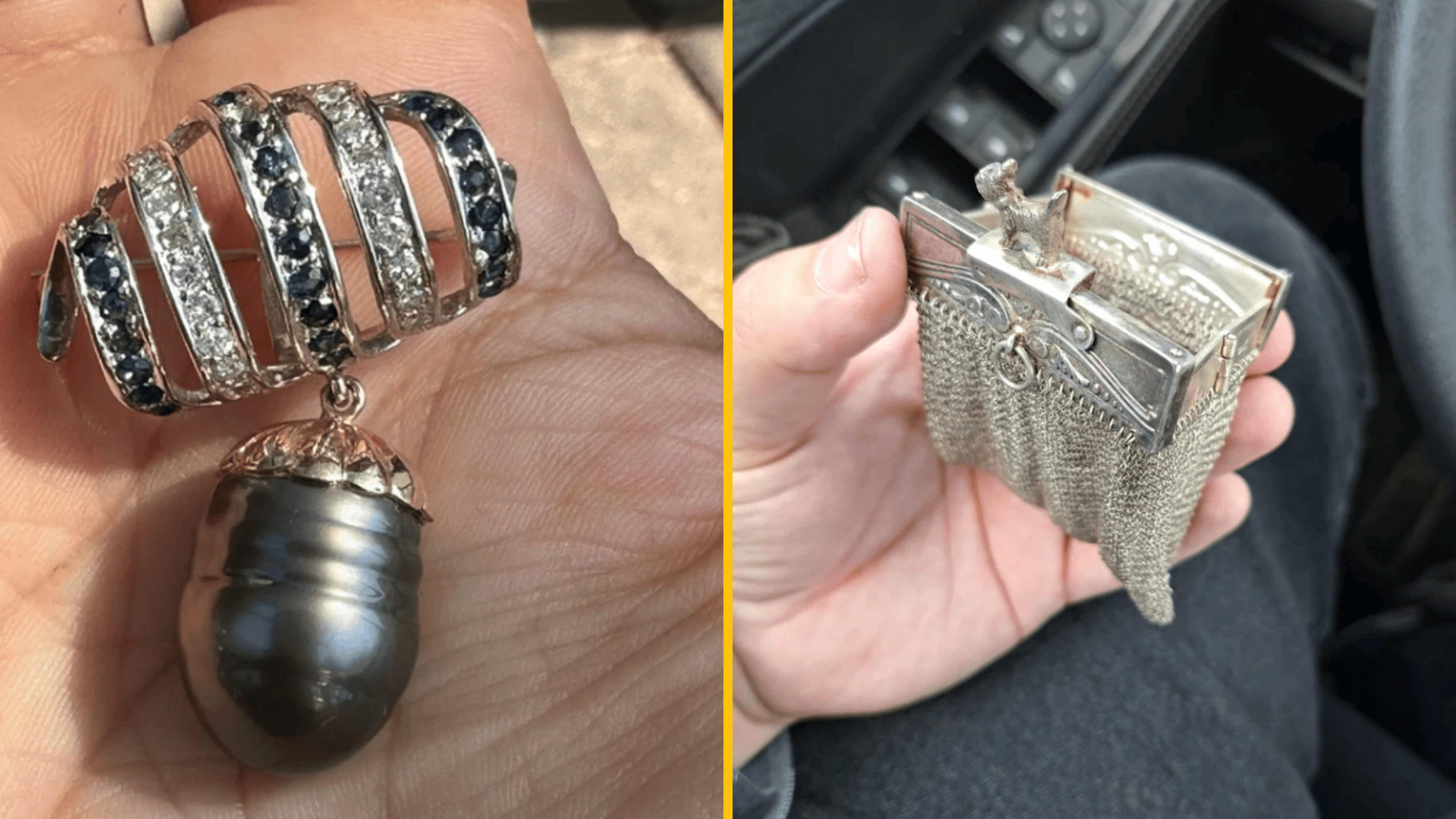 Módny doplnok s drahokamami a kovová retiazková peňaženka, detailný pohľad na oboch v ruke.