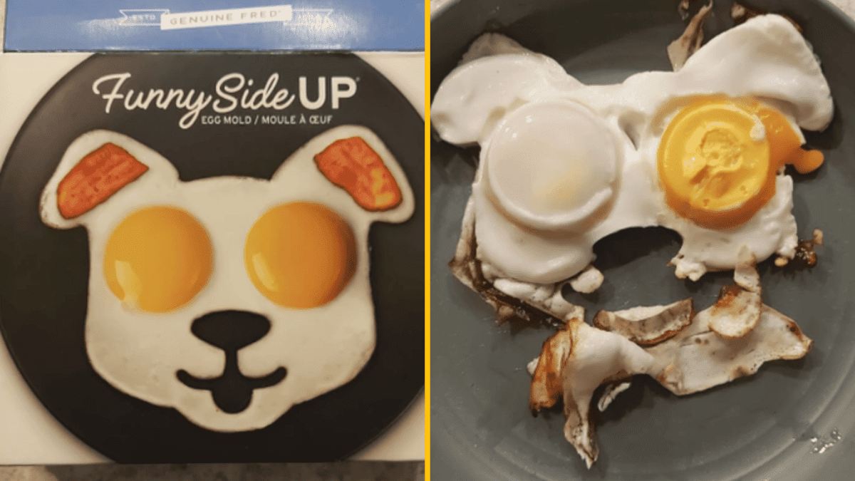 Forma na smaženie vajec v tvare zvieraťa so zábavným dizajnom a reálny výsledok na tanieri.