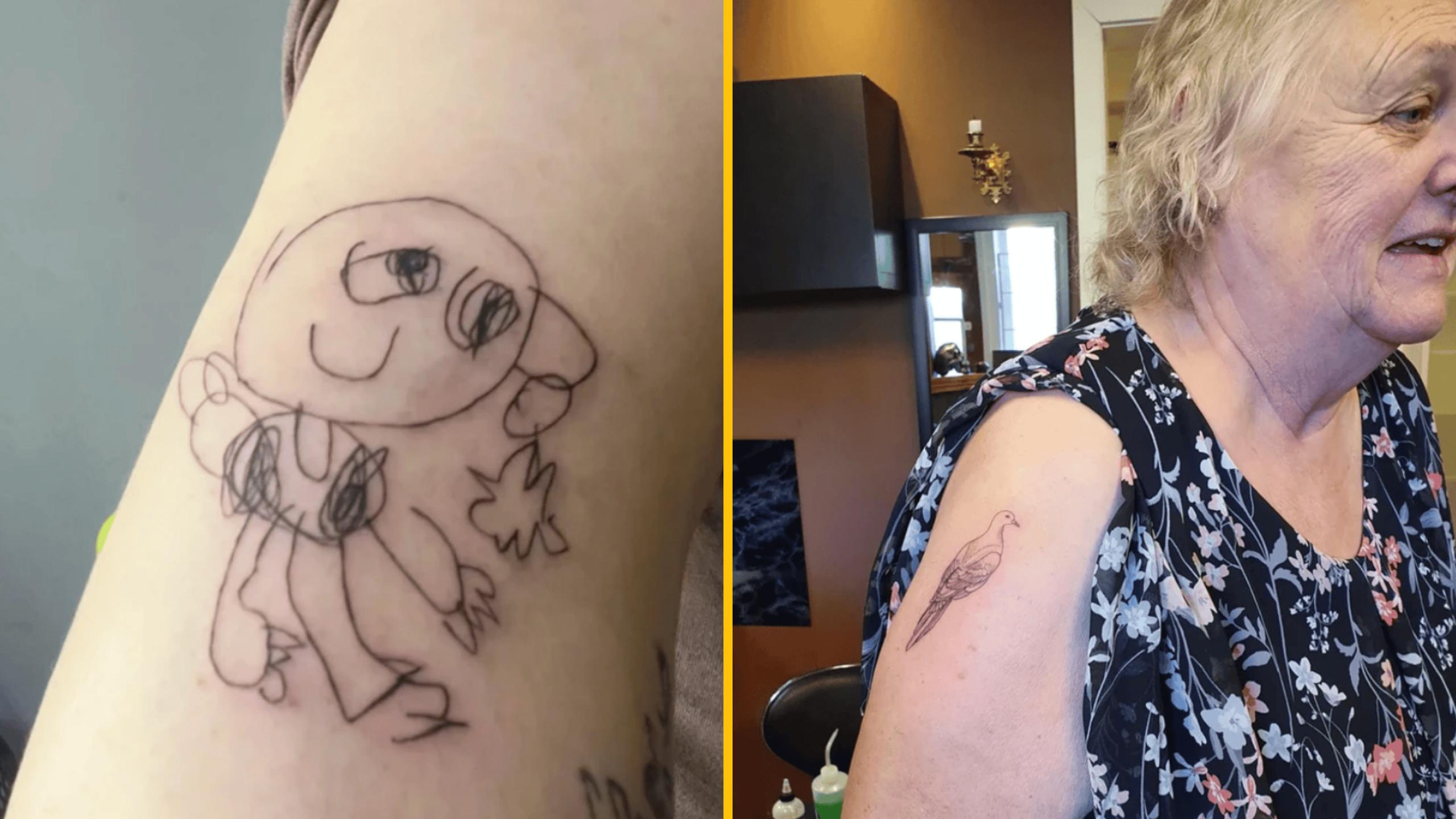 Detinské tetovanie postavičky vedľa ženy so štýlovým tetovaním holubice na ramene.