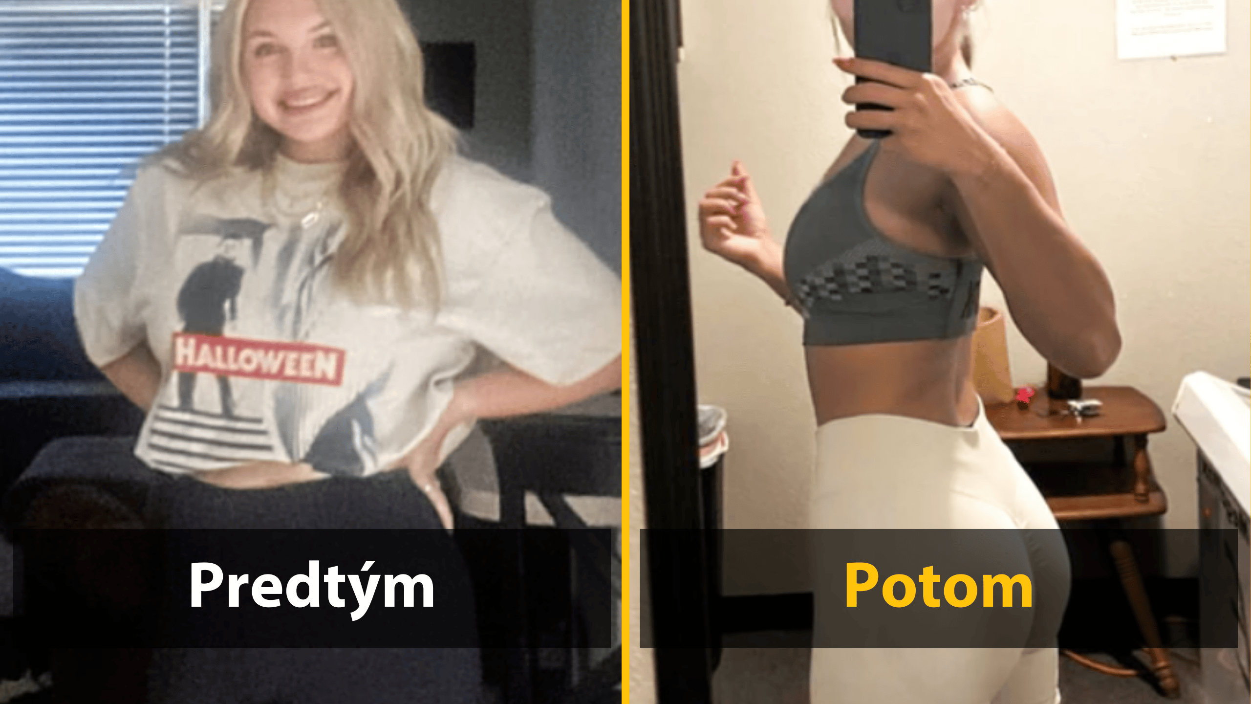 Pred a po transformácii: dve fotografie ženy, znázorňujúce zmenu postavy po cvičení a zdravom životnom štýle.