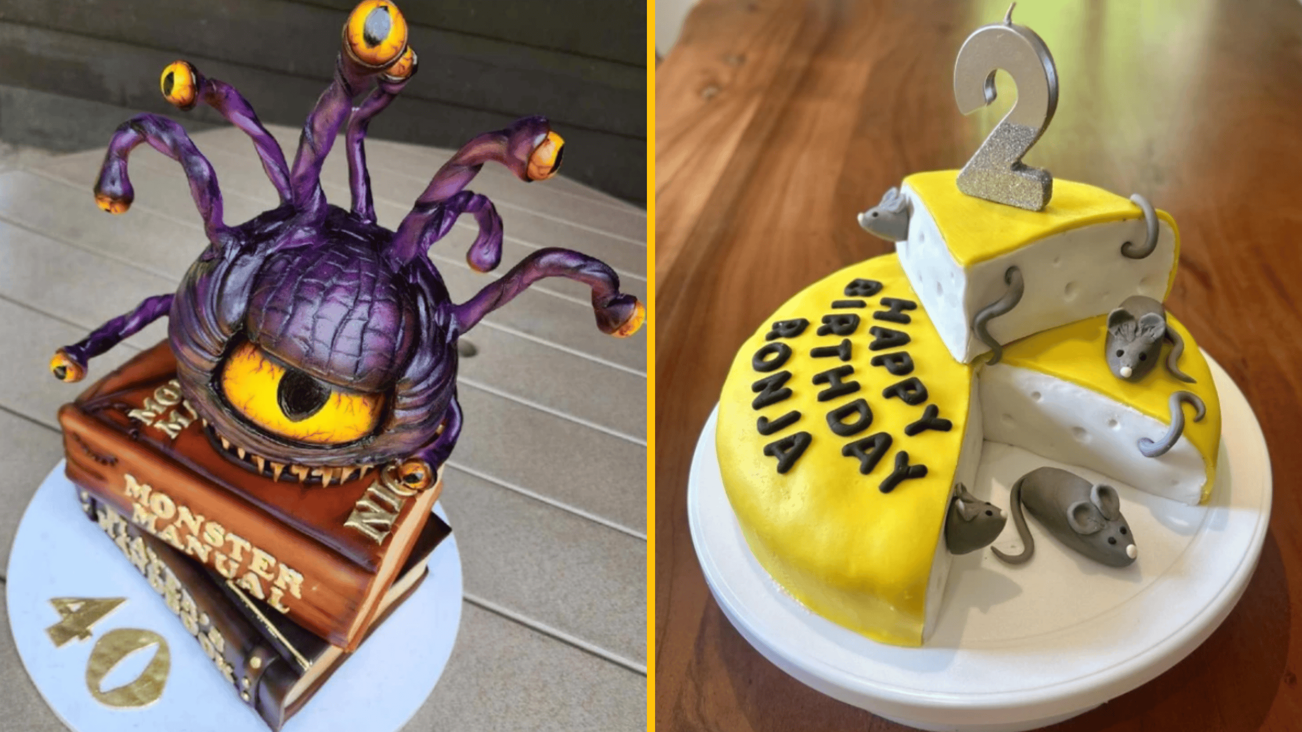 Ozdobené torty: monštrum s okom a knižný motív vlevo, torta s myšami a číslom dva vpravo.