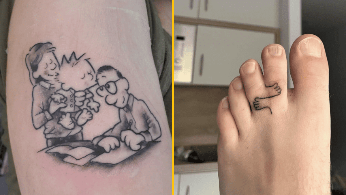 Tetovania: kreslená rodinka na ruke a malé ruky na prste nohy, originálny štýl a humor.