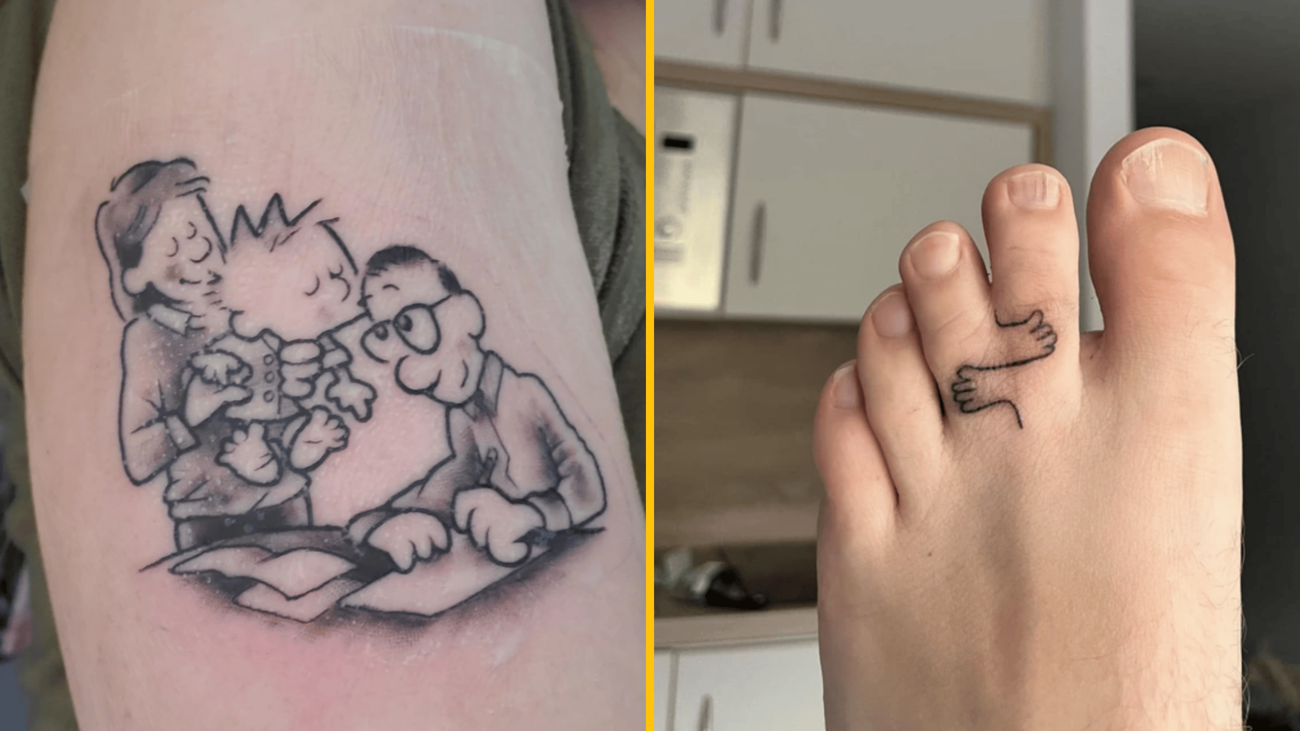 Tetovania: kreslená rodinka na ruke a malé ruky na prste nohy, originálny štýl a humor.