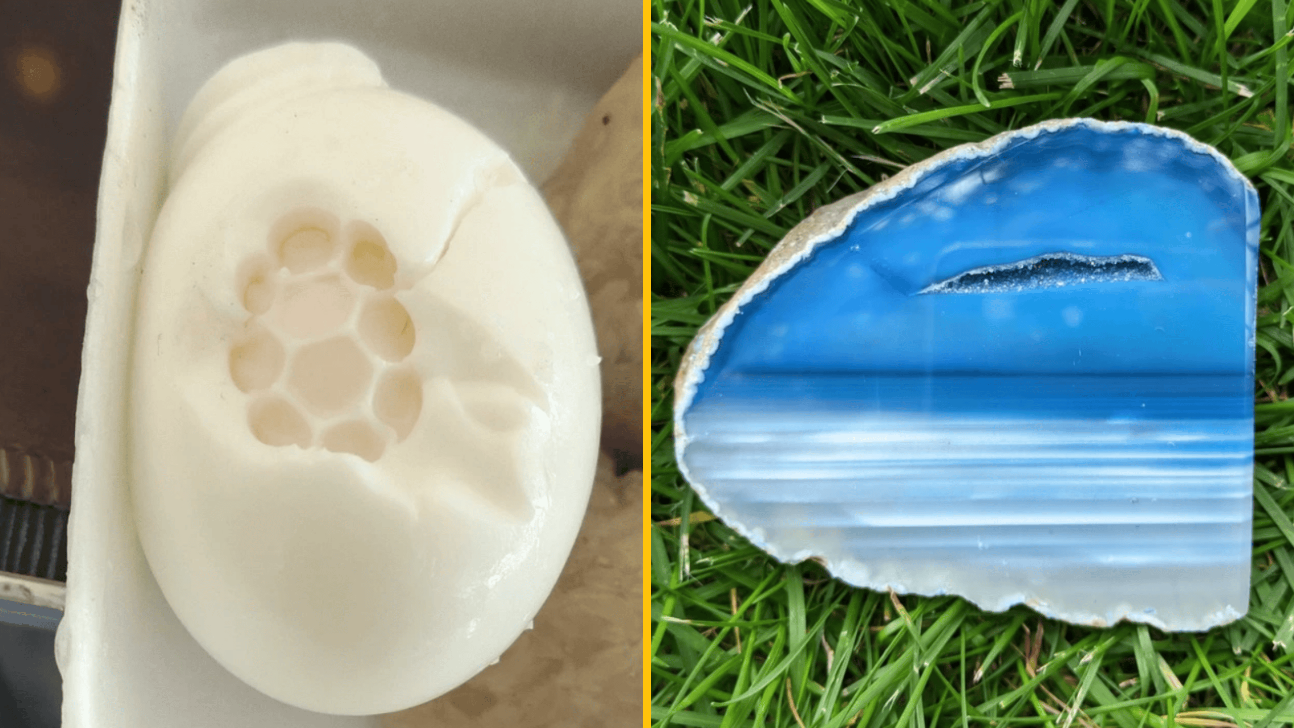 Ľavá strana: detail kúpeľného mydla s otlačkom, pravá strana: modrý achát na tráve.