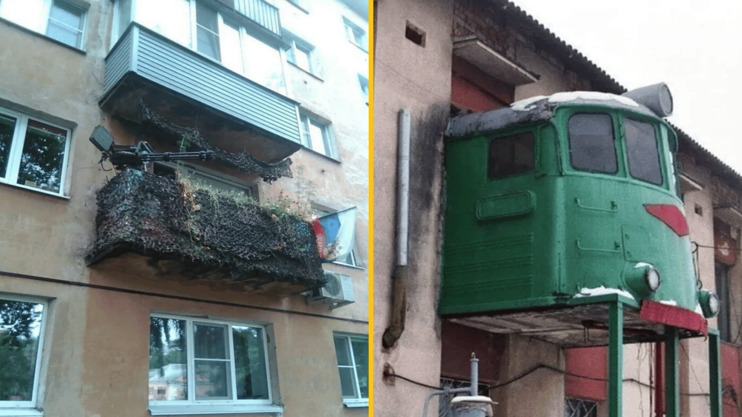 Balkón s maskovanou sieťou a guľometom vedľa zelenej kabíny vlaku na stene budovy.