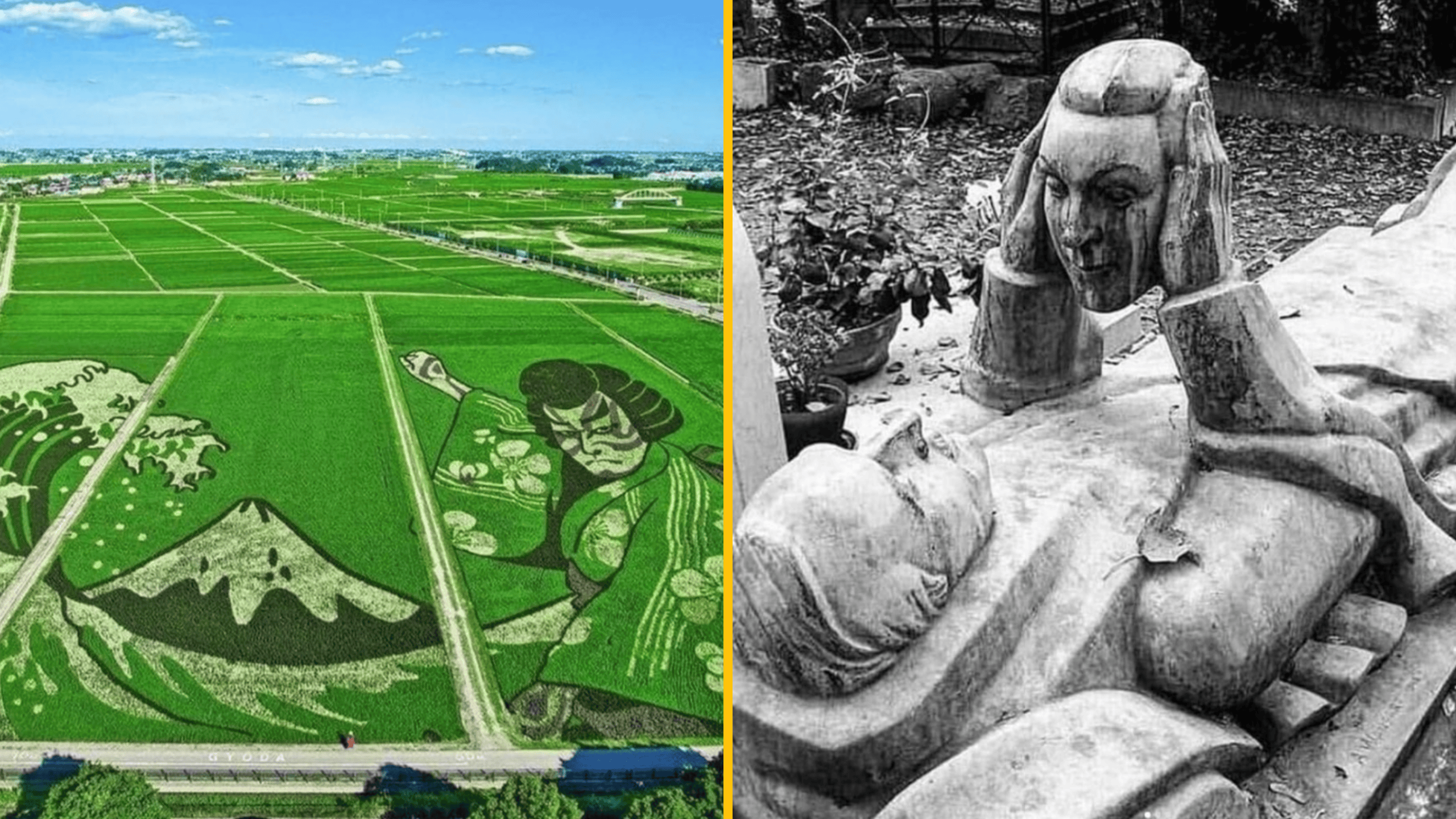 Ľavé pole s umeleckými vzormi a pravá socha s mužom držiacim vlastnú hlavu.