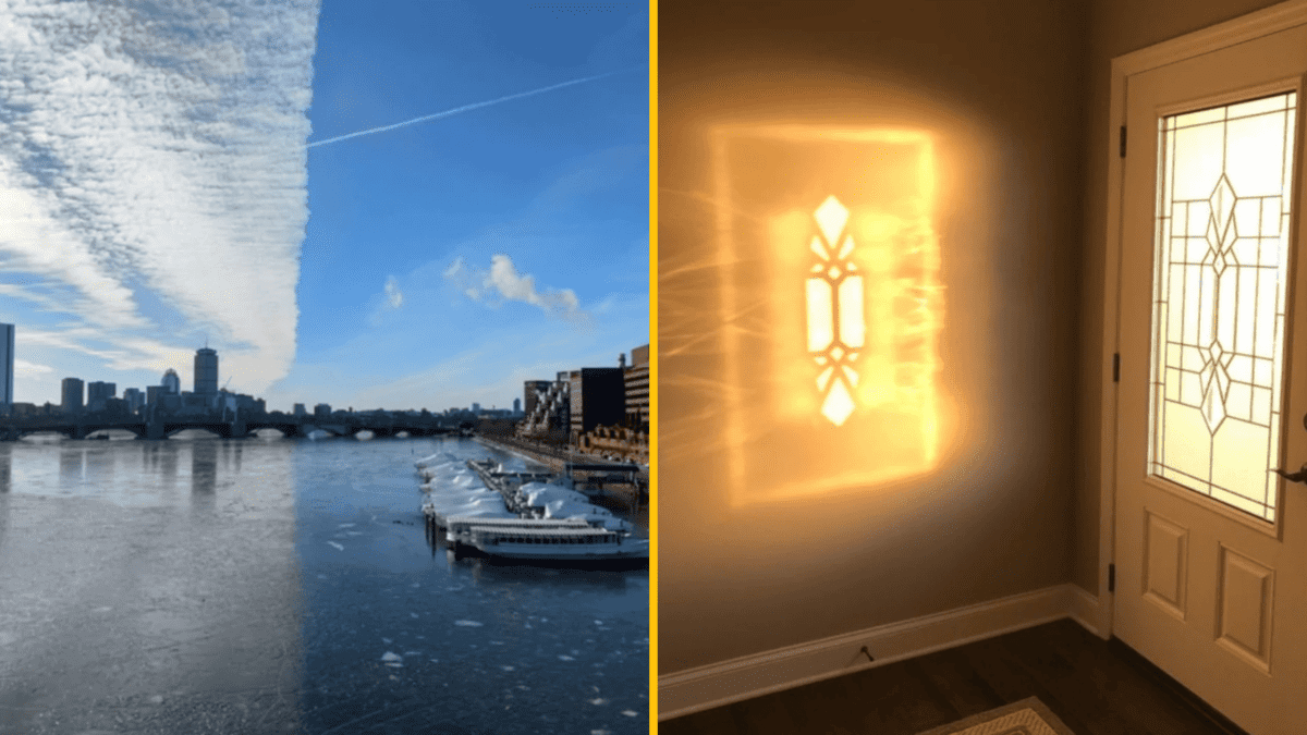 Vľavo: panoráma mesta s neobvyklou oblačnosťou. Vpravo: slnečné svetlo cez vitráž dverí na stene.