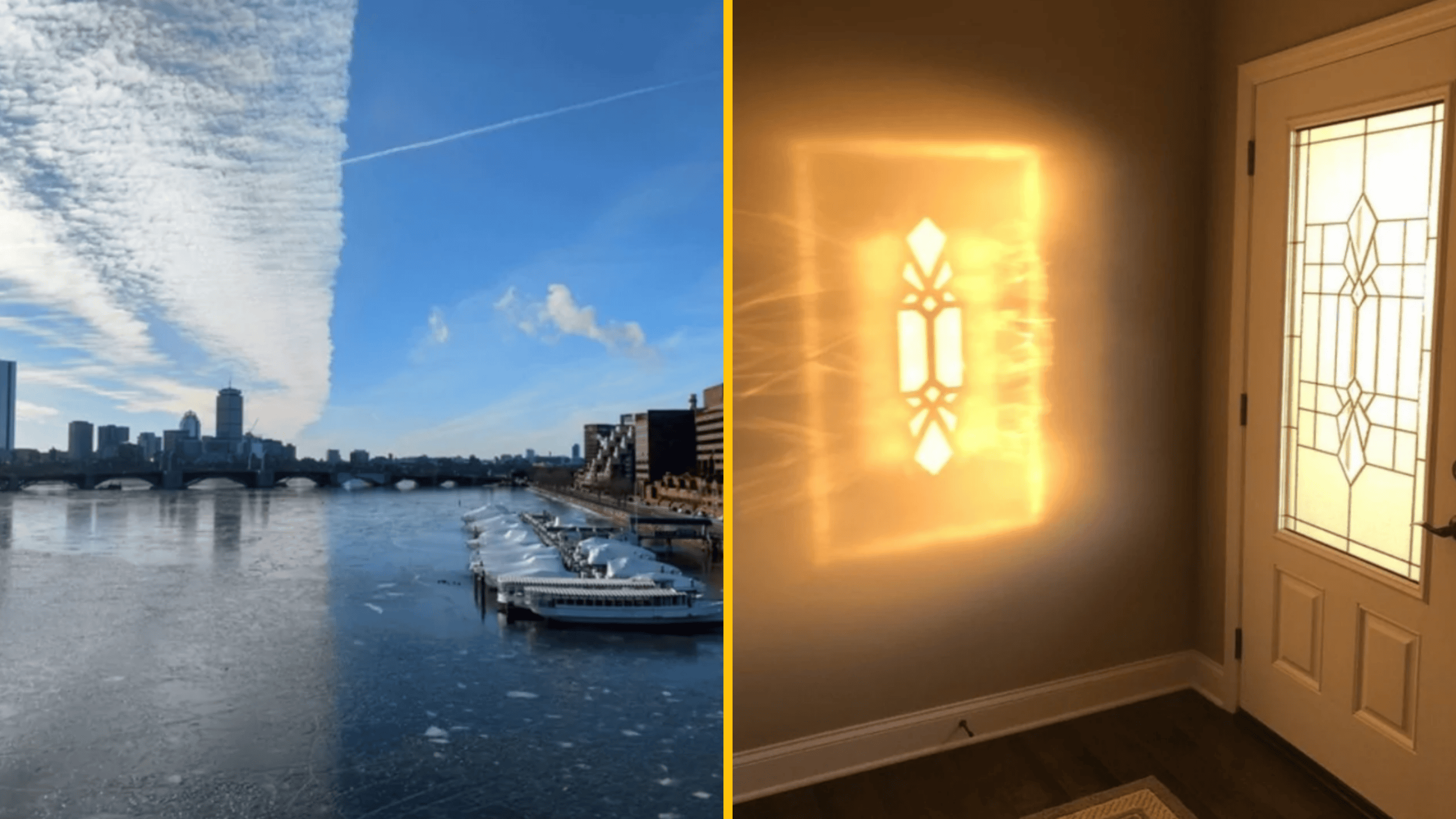 Vľavo: panoráma mesta s neobvyklou oblačnosťou. Vpravo: slnečné svetlo cez vitráž dverí na stene.