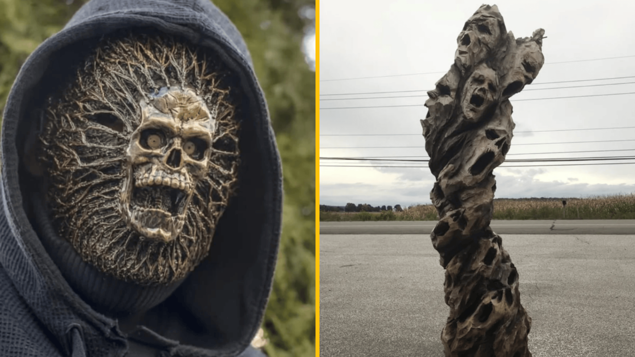 Strašidelná maska a socha s vyrezávanými lebkami vytvárajú desivú atmosféru na strašidelnej výstave.