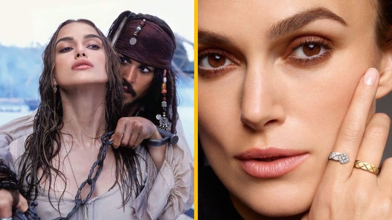 Dvojica scén: pirát s reťazami pri mori a detailný portrét ženy s prsteňmi, kontrast akcie a elegance.