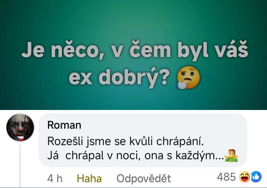 Vtipná konverzácia o chrápaní a dôvode rozchodu, situácia s ex-partnerom ilustrovaná emotikonmi a humorom.