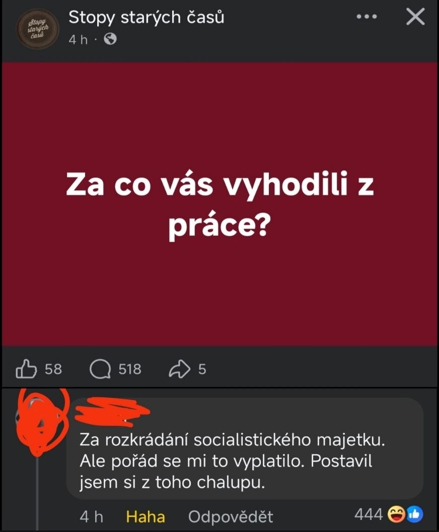 Príspevok na Facebooku s otázkou Za čo vás vyhodili z práce? a odpoveď s humorom o rozkrádaní majetku.