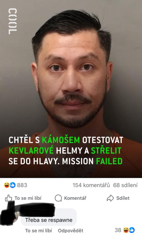 Neznámy muž s textom o neúspešnom teste kevlarových heliem. Mission failed.
