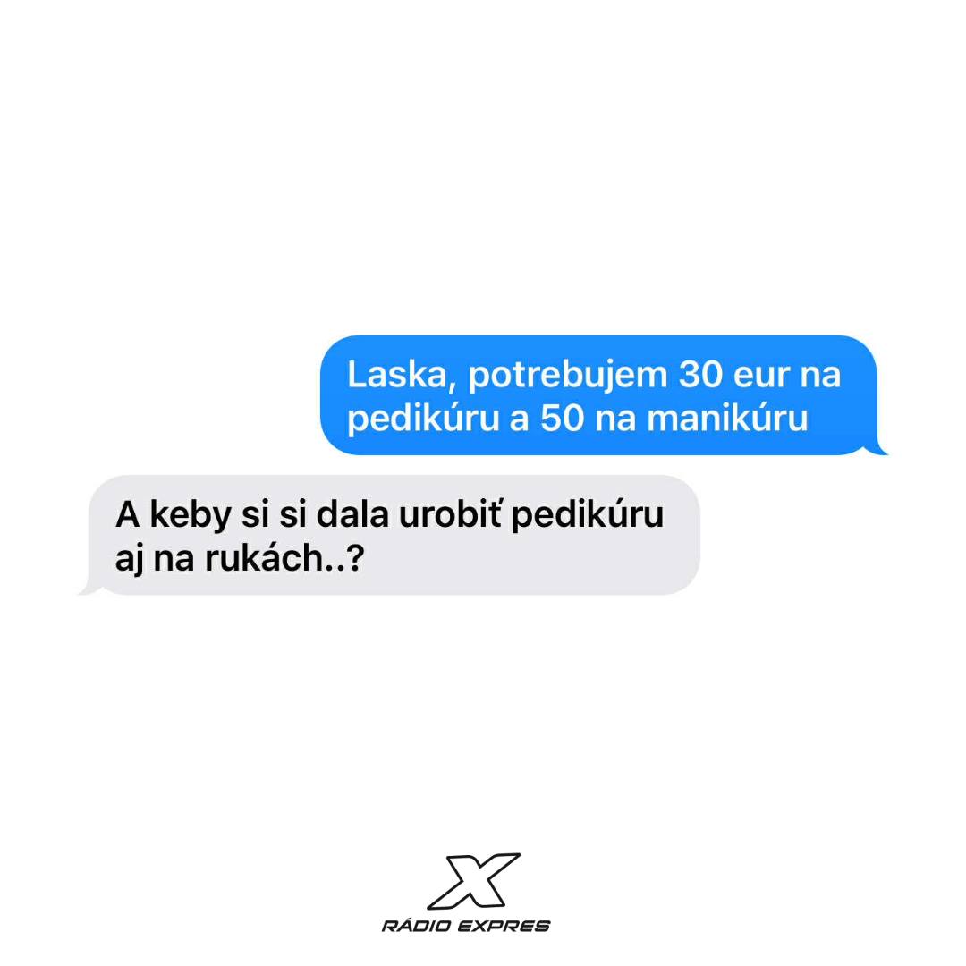 Textová konverzácia o cene za manikúru a pedikúru s vtipnou reakciou na pedikúru pre ruky.