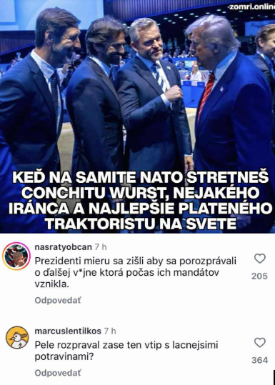 Lídri na samite NATO diskutujúce s humoristickými komentármi, politická satira spojená s aktuálnymi témami.