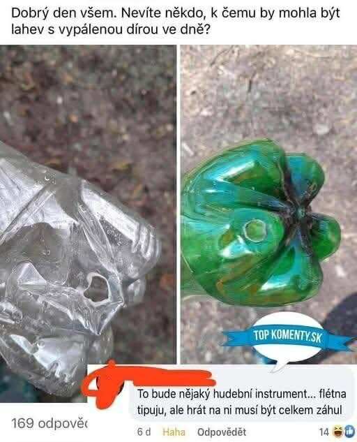 Plastové fľaše s vypálenými otvormi na dne, otázka o ich možnom využití na Topkomenty.sk.
