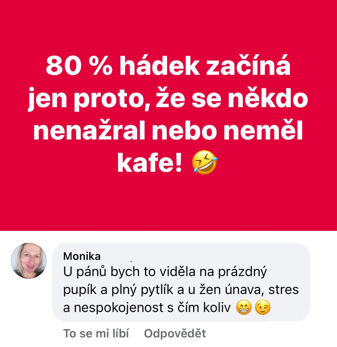 Obrázok obsahuje text o príčinách hádok kvôli hladu alebo nedostatku kávy s humorným komentárom.