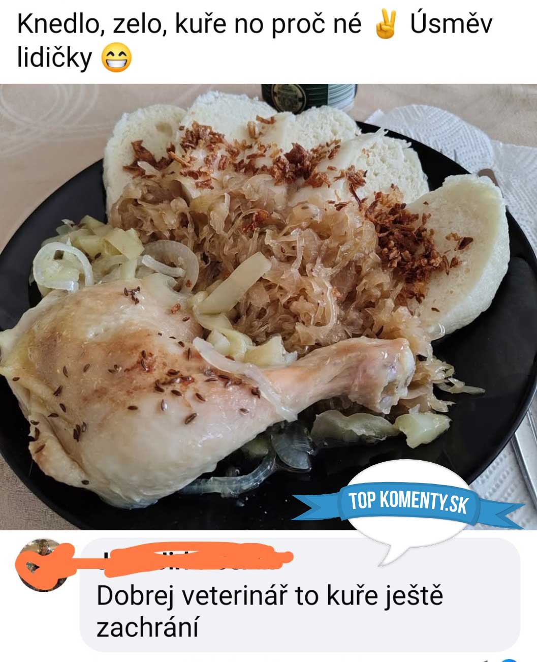 Tanier s kuřetem, kyslou kapustou a knedlíkem, s vtipným komentárom o záchrane jedla veterinárom.