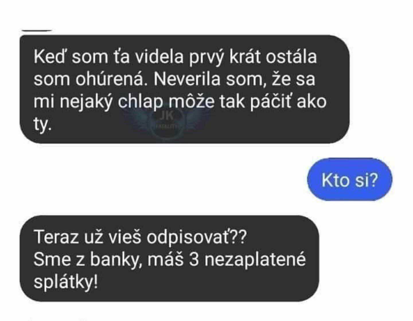 Vtipná textová konverzácia o láske a bankových splátkach.