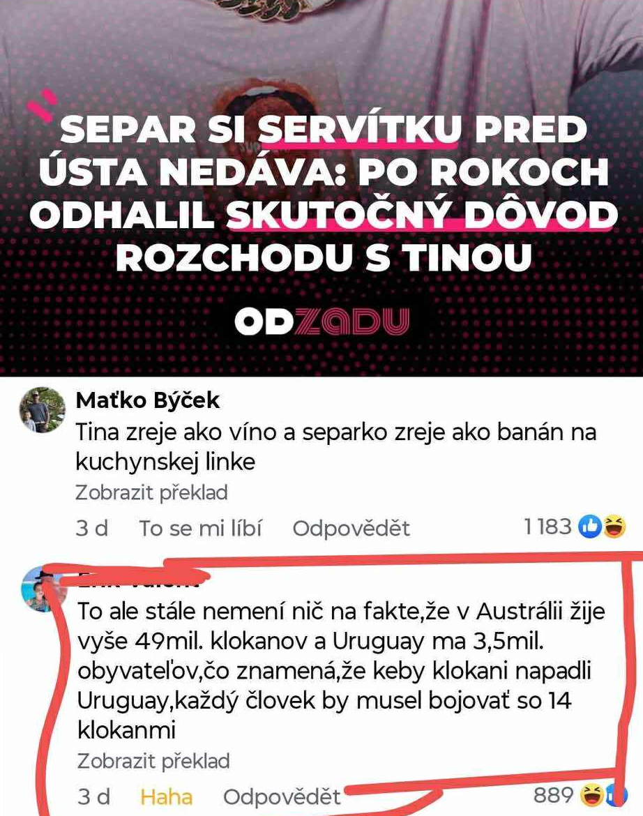 Nápis na tričku s odkazom na článok o rozchode, komentáre o starnutí a klokaní invázii na Uruguaj.
