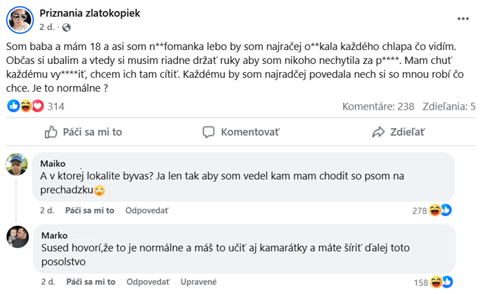 Alternatívny text: „Príspevok zo sociálnej siete s kontroverznými komentármi na tému osobných vzťahov a sebakontroly.“