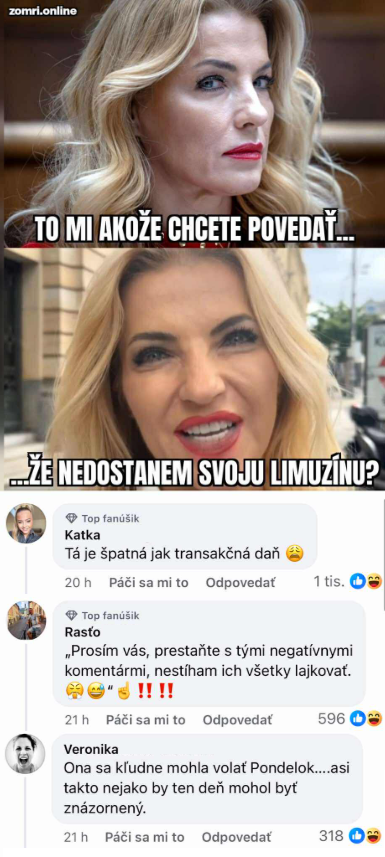 Žena reaguje šokovane na novinku o limuzíne; komentáre vyjadrujú iróniu a pobavenie na Facebooku.