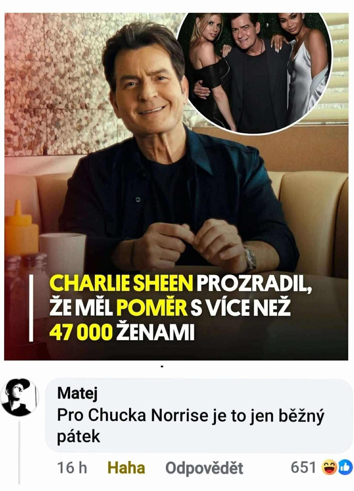 Herec sedí na gauči, text o jeho údajných vzťahoch s mnohými ženami vtipne doplnený komentárom.