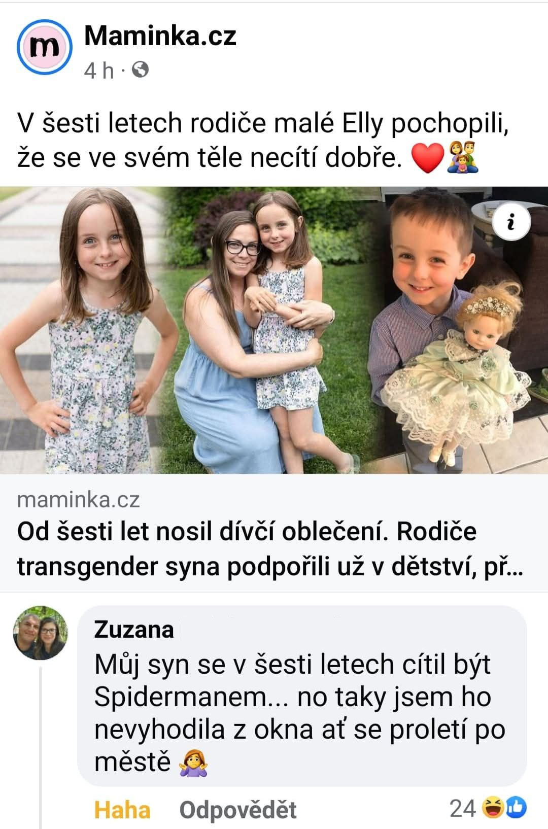 Dievča s dlhými hnedými vlasmi v kvetovaných šatách sa smeje s dospelou ženou. Vedľa je chlapec s bábikou.