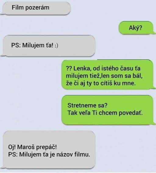 Vtipná konverzácia o filme s nečakaným priznaním lásky cez SMS.
