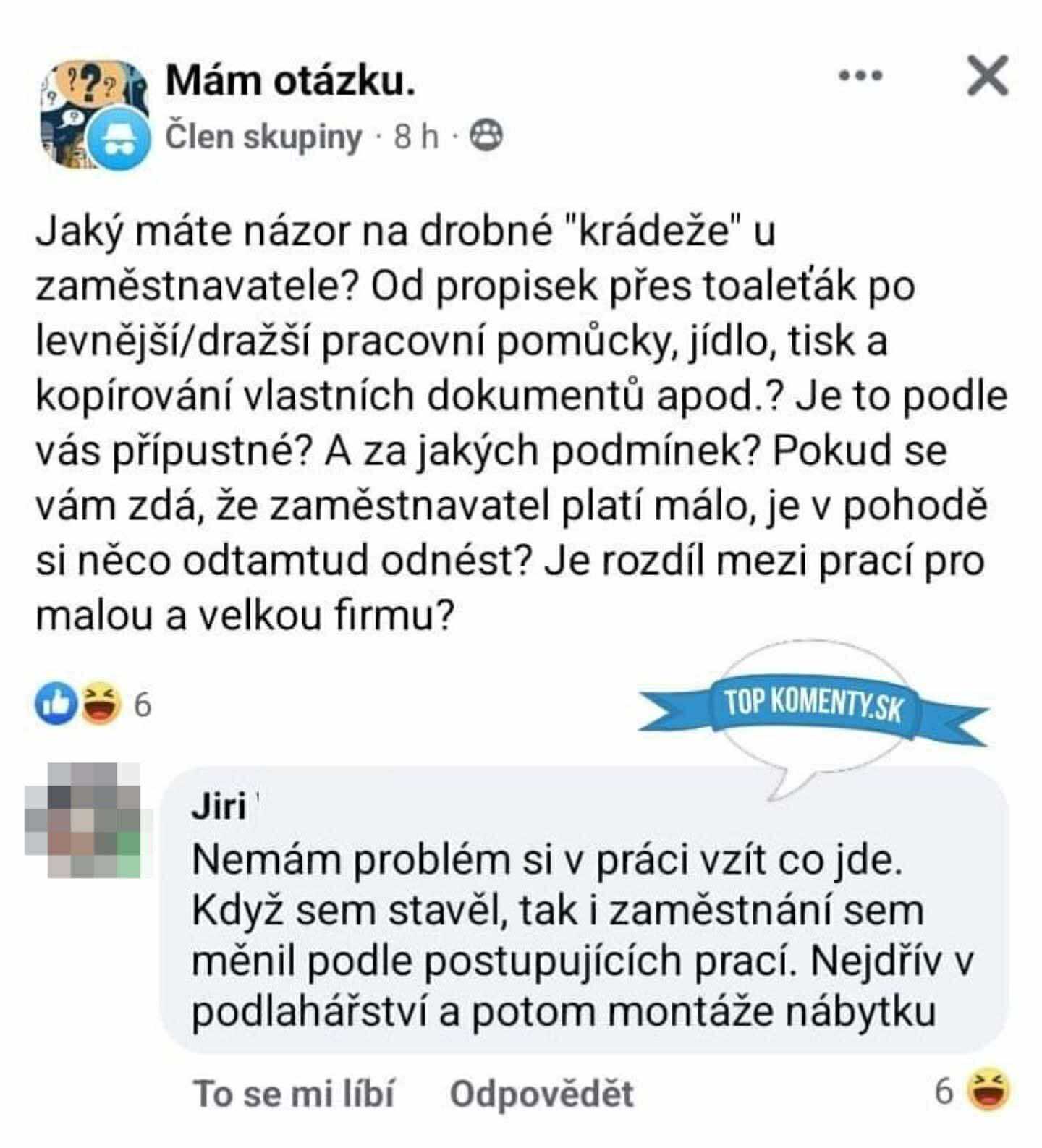 Diskusia o drobných krádežiach v práci; názory na odnášanie kancelárskych potrieb a rozdiel medzi malou a veľkou firmou.