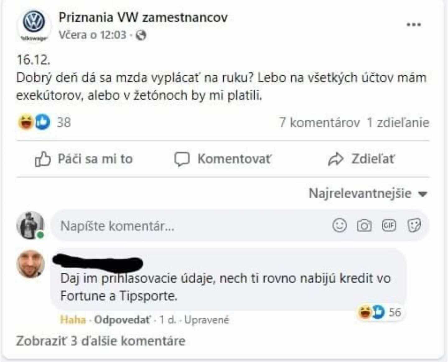 Facebook komentár o žiadosti vyplácať mzdu v hotovosti kvôli exekúciám; vtipná reakcia o herných účtoch.