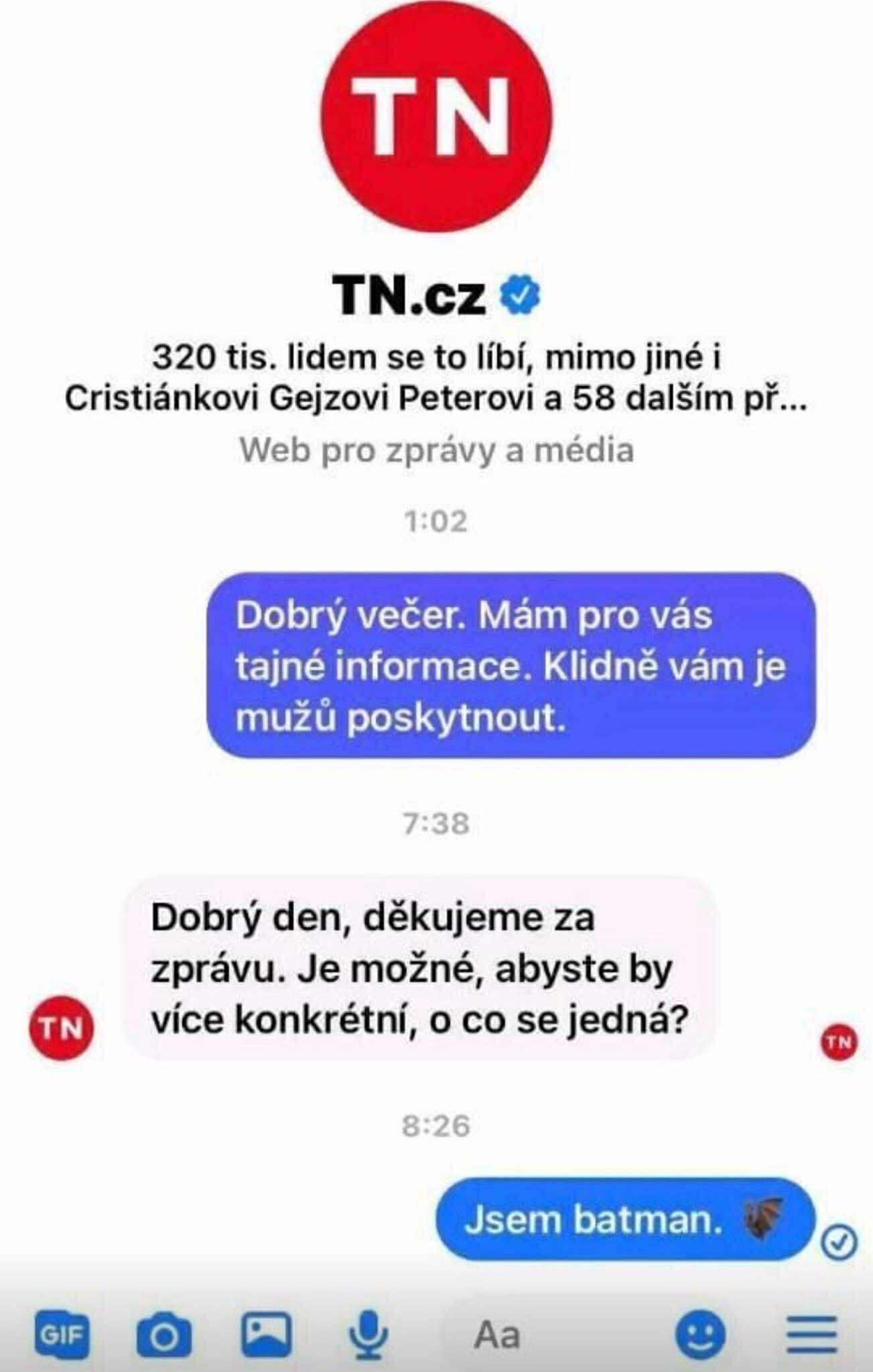Konverzácia medzi používateľom a TN.cz, kde sa používateľ žartovne predstavuje ako Batman.