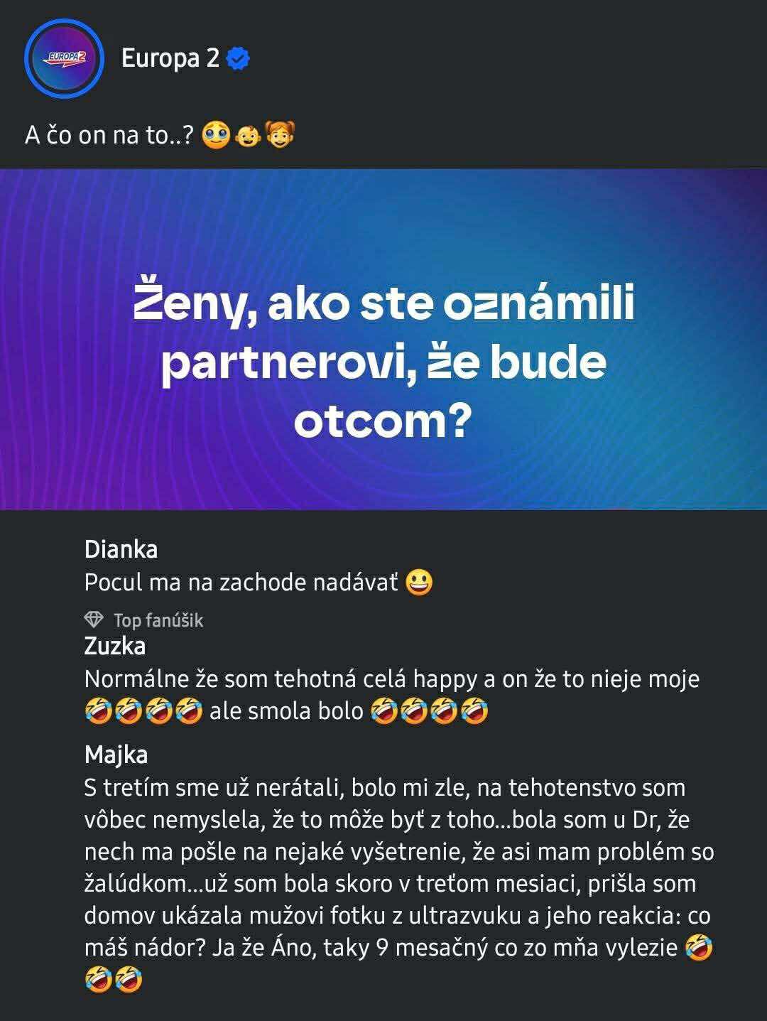 Text príspevku na sociálnej sieti o zábavných reakciách mužov na tehotenstvo partneriek.