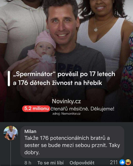 Muž s dieťaťom a textom o rozhodnutí ukončiť darovanie spermií po 17 rokoch a 176 deťoch.