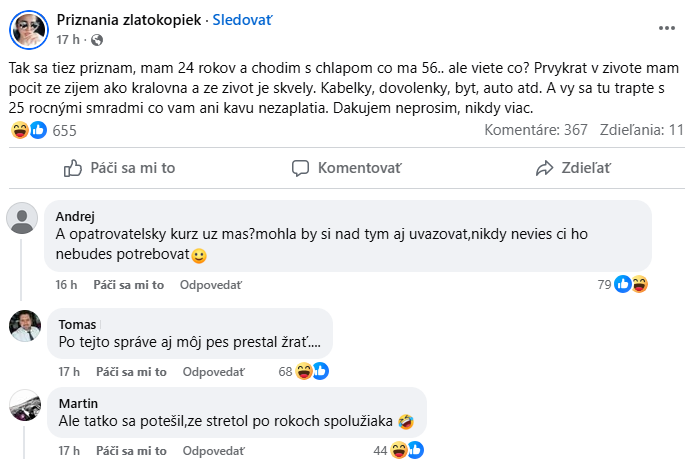 Snímka obrazovky z Facebooku s príspevkom o vzťahu so starším mužom a reakciami priateľov.
