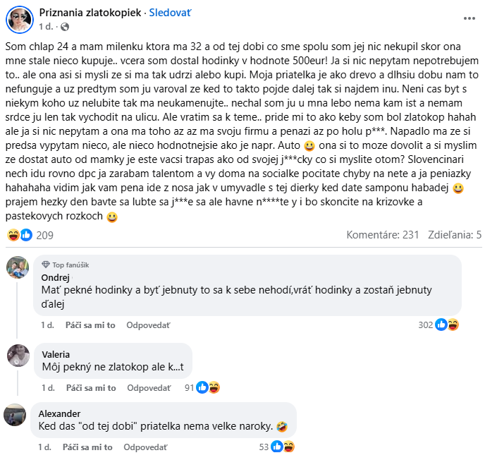 Používateľská správa na sociálnej sieti o vzťahu s priateľkou a darovaní drahých hodiniek.