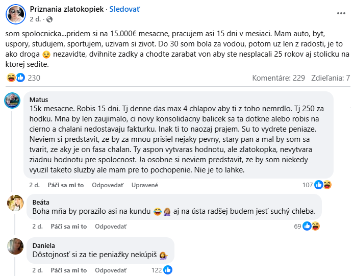 Diskusia o práci, výhodách vysokého príjmu, hodnotách spoločnosti a osobných pohľadoch na financie a dôstojnosť.