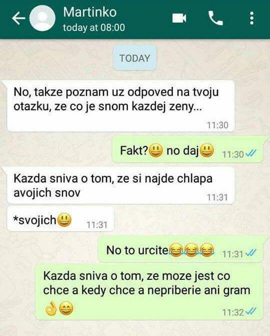 Vtipná konverzácia na WhatsApp o snoch žien: nájsť chlapa snov a jesť bez priberania.