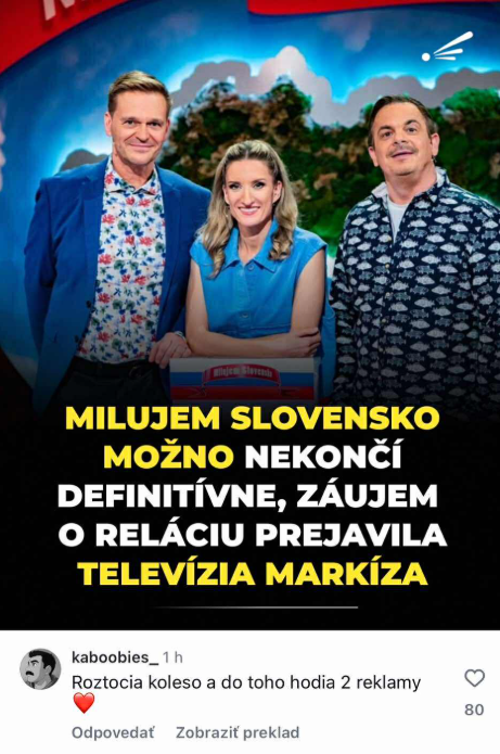 Trojica moderátorov z relácie Milujem Slovensko na pódiu s logom a textom o pokračovaní programu na TV Markíza.