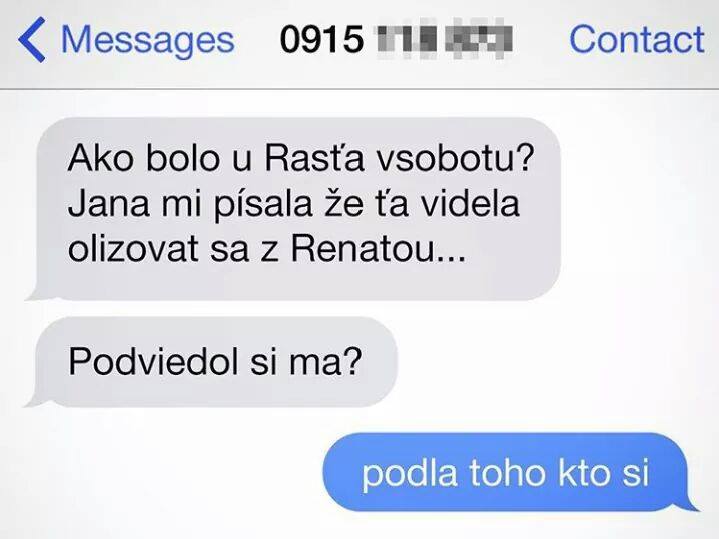 SMS konverzácia o podozrení na neveru u Rastíka, s humorom v odpovedi.