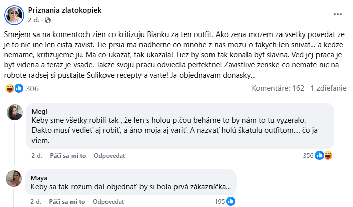 „Priznania zlatokopiek“ - diskusia o kritike outfitu a žiarlivosti žien na sociálnej sieti.
